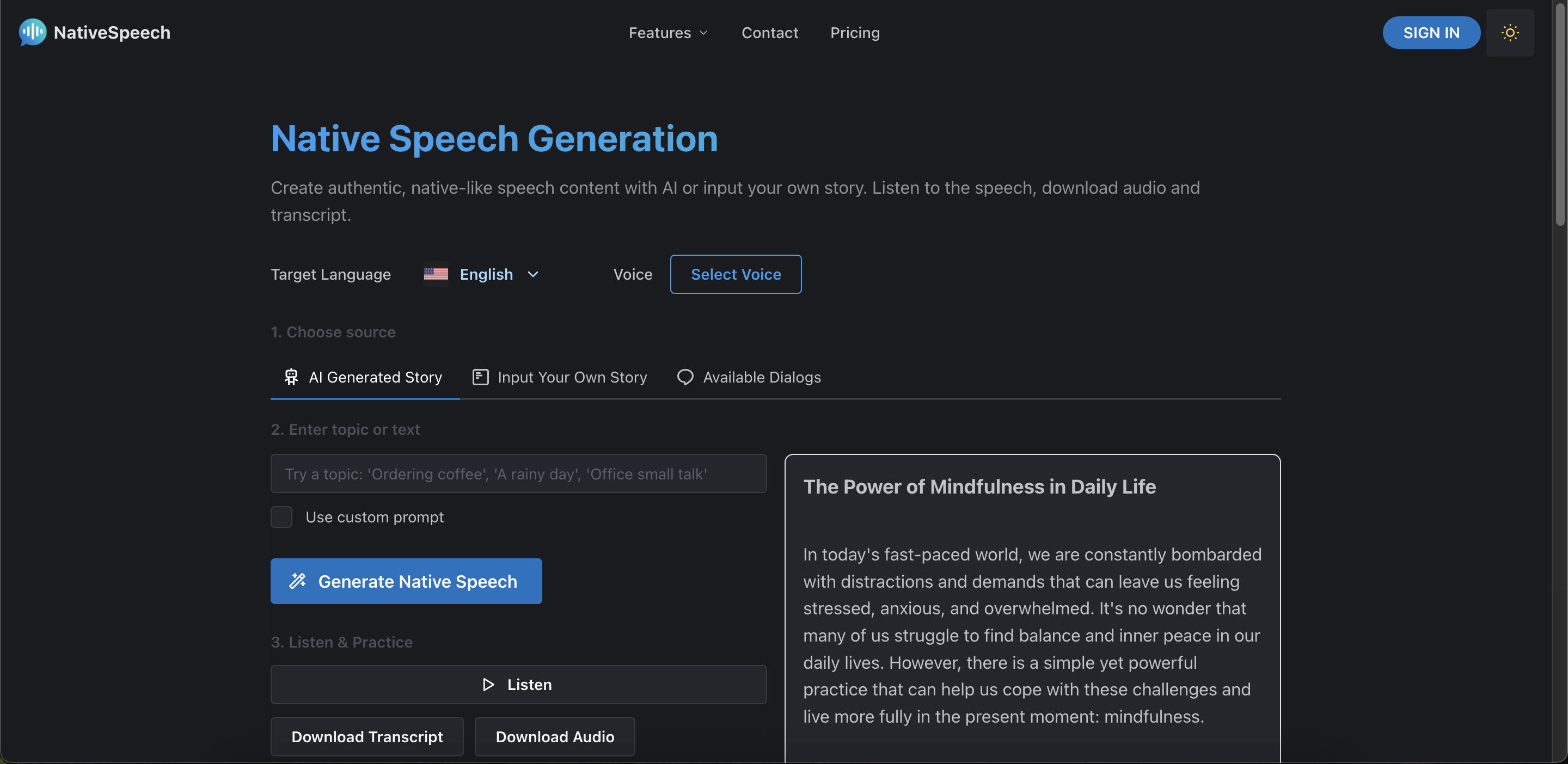 AI-generated story playing back in a native voice with a transcript
