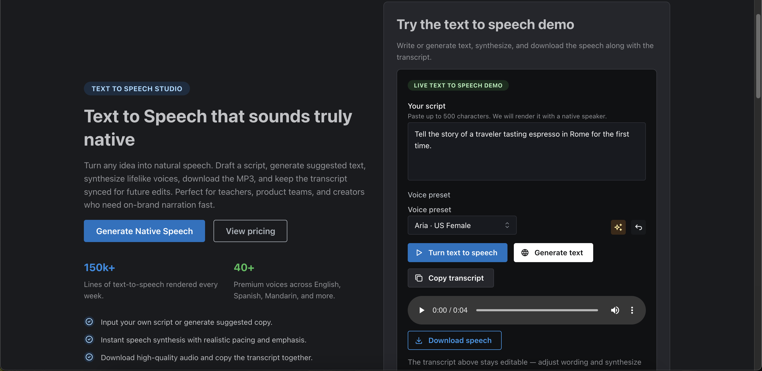 Text-to-speech editor converting written text to studio-quality voice output